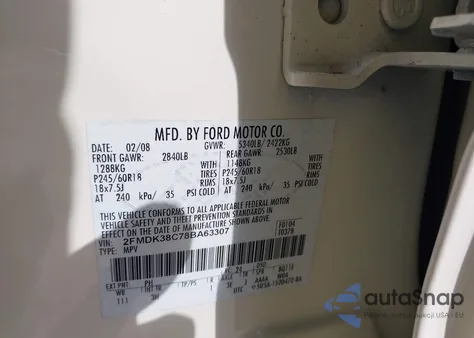 2008 Ford Edge Sel from USA, damaged, VIN 2FMDK38C78BA63307